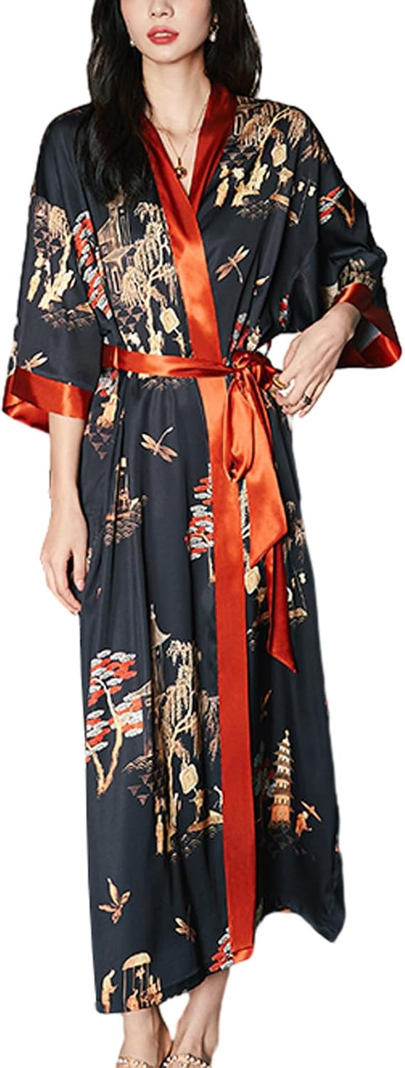 Satin Long Robe for Women Japanese Silk Kimono Robe Lightweight Soft Bathrobe Floral Luxury Dressing Gown | Amazon (US)