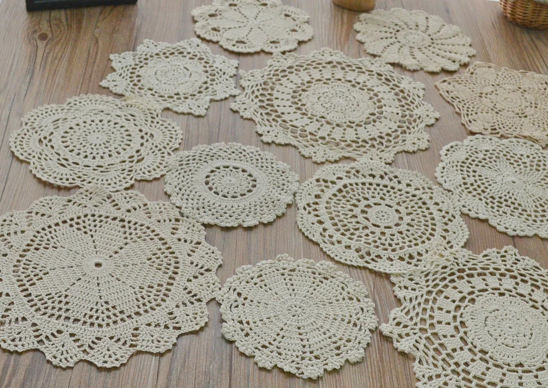 Lot 12 Hand Crochet Assorted Cream Round Doilies Mixed Snowflake Pineapple Floral Vintage Ecru Ta... | Etsy (US)