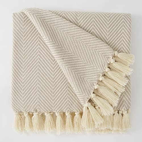 LA JOLIE MUSE Throw Blanket - Taupe Textured Zig Zag Pattern Knitted Throw Blanket with Tassels, ... | Amazon (US)