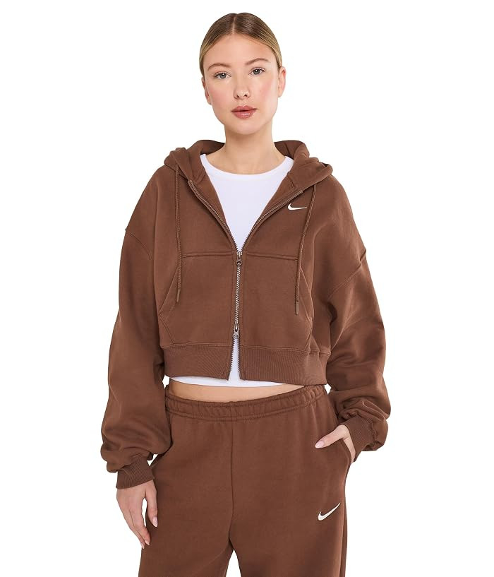 Nike Studio Fleece Midweight Oversized Cropped Full Zip Hoodie Women's Sweatshirt Dark Grey Heather/Sail: LG, Cotton/Polyester/Spandex | Zappos.com