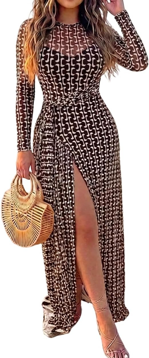 CHICME Womens 2 Piece Dress Sets Long Sleeve Tie Waist Slit Sheer Mesh Maxi Dress with V Neck Sli... | Amazon (US)