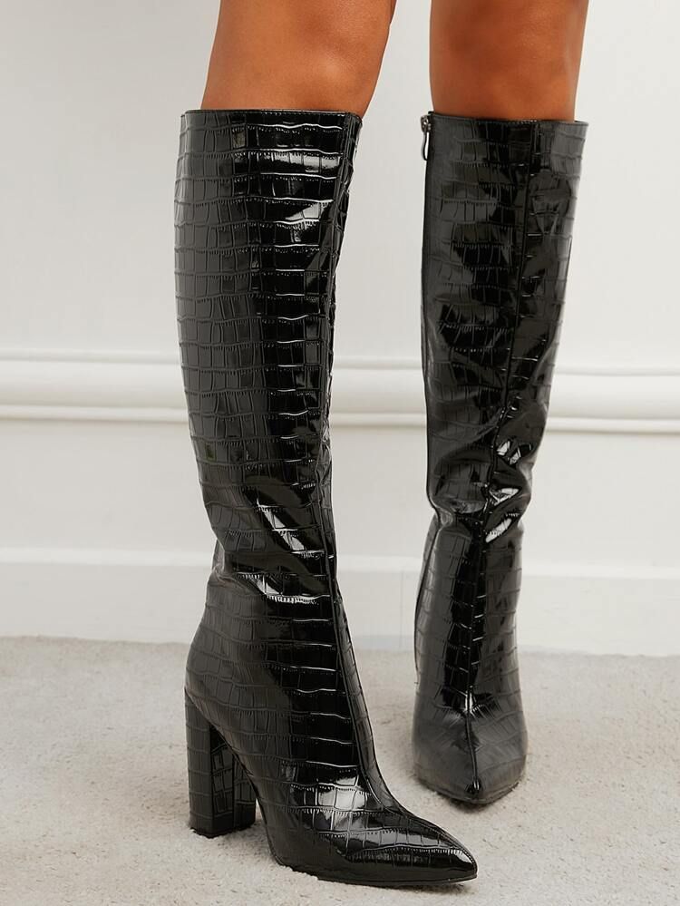 Women Croc Embossed Knee High Stiletto Heeled Classic Boots | SHEIN