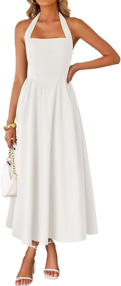 ZESICA Women's Summer Sleeveless Halter Midi Dress 2025 Off Shoulder High Waist Swing Flowy Beach... | Amazon (US)