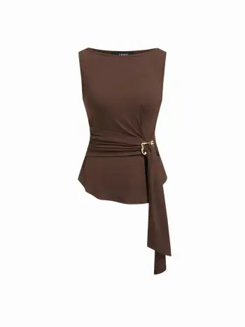 Tricot Boat Neck Metal Detail Draped Ruched Tank Tee For Décontracté quotidien Travail | Cider