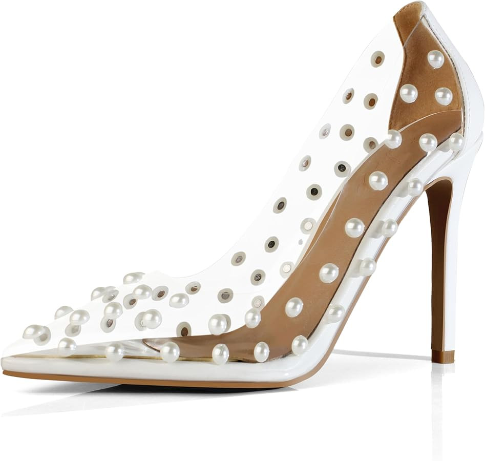 iadore Women's Pumps,11cm Pointed Toe Women High Heel Shoes Fashion Pearl Studded PVC Clear Heels... | Amazon (US)