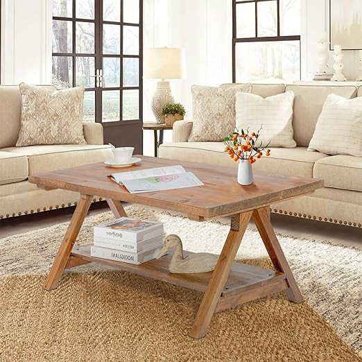 Farmhouse Coffee Table for Living Room, 2-Tier Solid Wood Coffee Table, Rustic Rectangular Coffee... | Amazon (US)