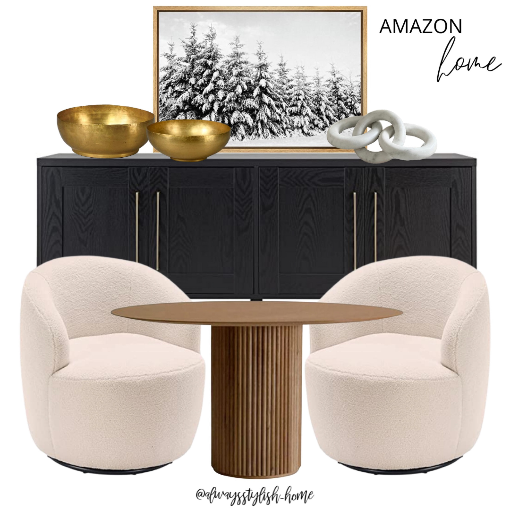 Dining room inspo, living room
Inspo, black buffet table, console table, modern decor, white accent chairs, white dining chairs, round fluted table, round wood dining table, gold bowls, winter wall art, 

#LTKHoliday #LTKhome