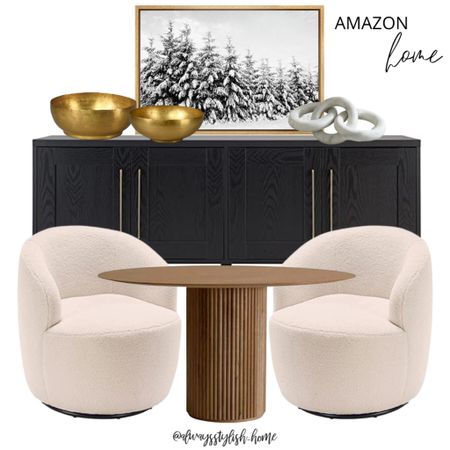 Dining room inspo, living room
Inspo, black buffet table, console table, modern decor, white accent chairs, white dining chairs, round fluted table, round wood dining table, gold bowls, winter wall art, 

#LTKHoliday #LTKhome