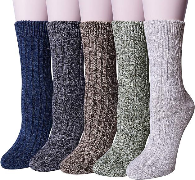 5 Pairs Womens Wool Socks Thick Knit Vintage Winter Warm Cozy Crew Socks Gifts | Amazon (US)