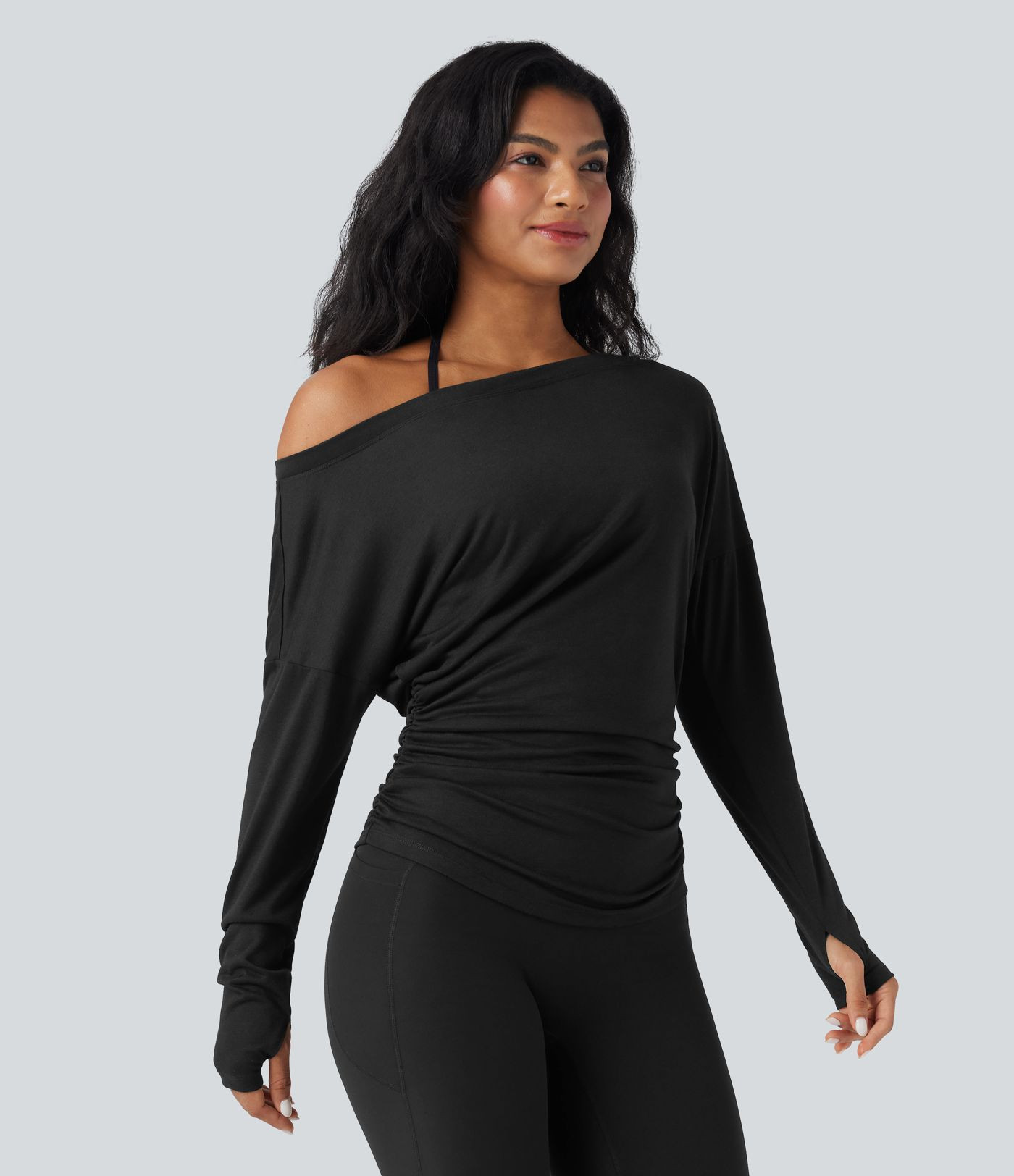 Women’s One Shoulder Long Sleeve Thumb Hole Ruched Yoga Sports Top - Halara | HALARA