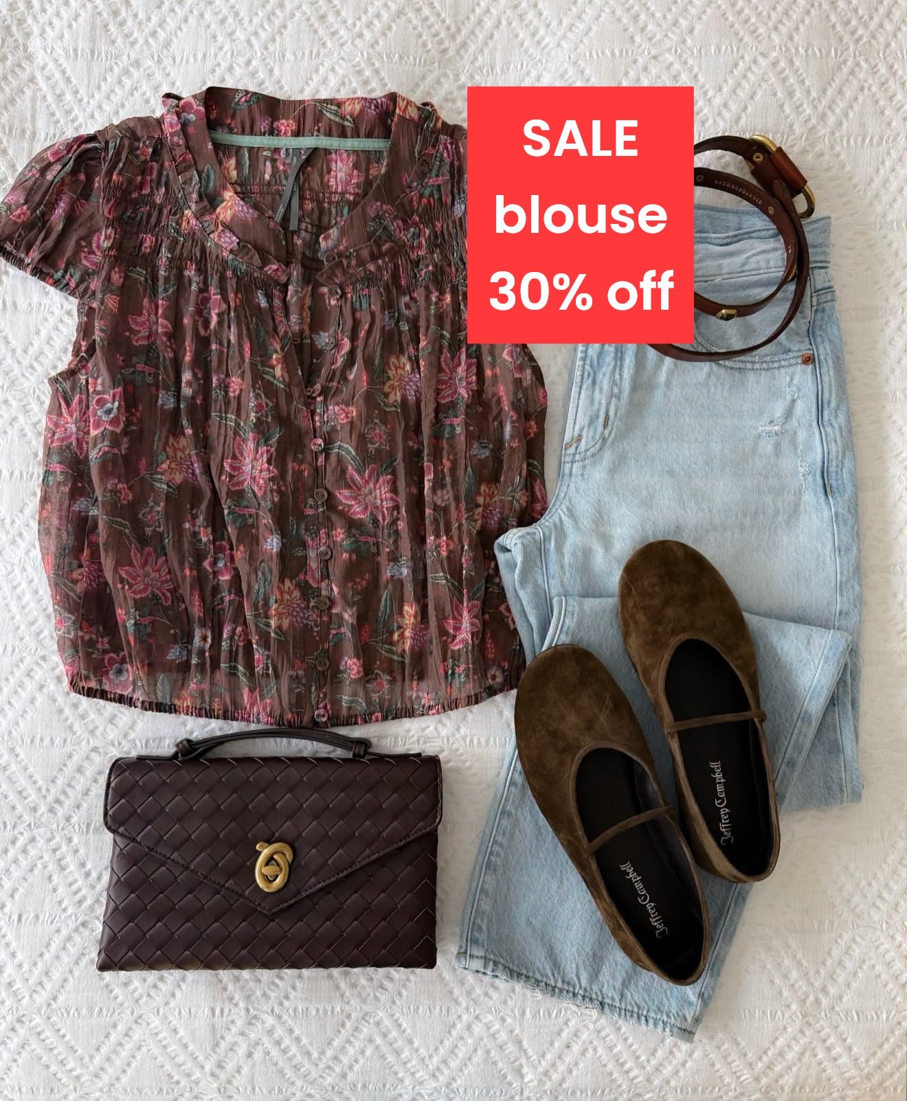 ANTHROPOLOGIE 30% off clothing and accessories. Blouse on sale, orig.$108, sale $75. XS top, 25 jeans.

floral blouse, fall blouse, light wash jeans, mary jane flats, chocolate brown accessories, woven handbag, early fall outfit, transitional style, casual fall fashion, fall color palette, annabrstyle