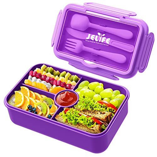 Jelife Lunch Box Kids Bento Box - Large Bento-Style Leakproof 4 Compartments Kids Lunchbox Food Containers with Utensils for Back to School, Reusable On-the-Go Meal and Snack Packing, Purple | Amazon (US)