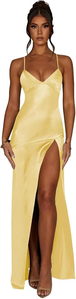 HANVAIOS Satin Bridesmaid Dresses Long Mermaid Backless Prom Dress with Slit | Amazon (US)