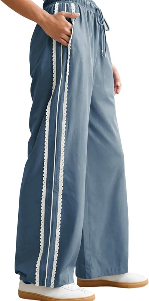 Yeokou Women's Wide Leg Sweatpants Side Stripe Crochet Slip on Drawstring Casual Running Track Pa... | Amazon (US)
