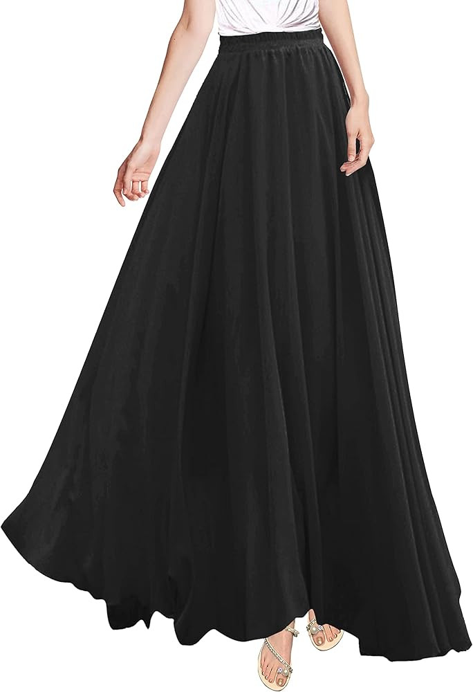 v28 Women Full/Ankle Length Elastic Pleated Retro Maxi Chiffon Long Skirt | Amazon (US)