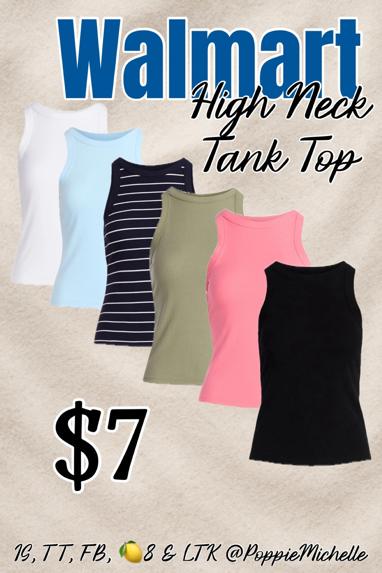 High neck tank top
Black tank top
White high neck tank top
Green tank top
Pink tank top 
Navy striped tank top
Sky blue tank top
