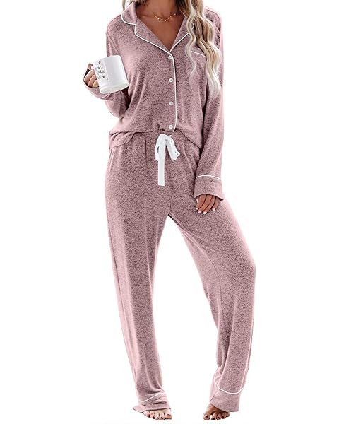 LILLUSORY Women's Long Sleeve Pajama Set - Soft Button-Down Top & Comfortable Drawstring Pants wi... | Amazon (US)