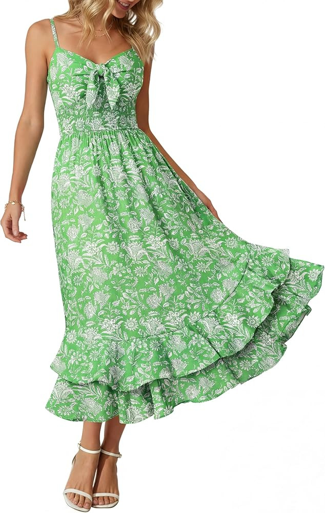GRACE KARIN Women's Summer Floral Maxi Dress Spaghetti Strap A Line Beach Boho Dresses Ruffle Tie... | Amazon (US)
