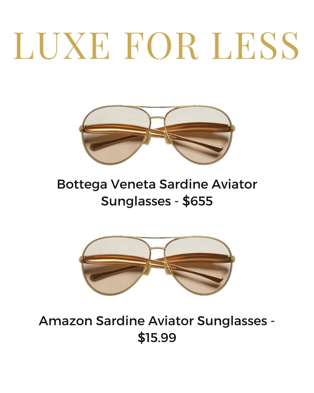 Luxury vibes without the luxury price tag ✨

Bottega-inspired sardine aviator sunnies — all the same look for WAY less on Amazon. You don’t have to splurge to serve 💅 #LuxForLess #AmazonFinds

#LTKdayinmylife #LTKTravel #LTKSaleAlert