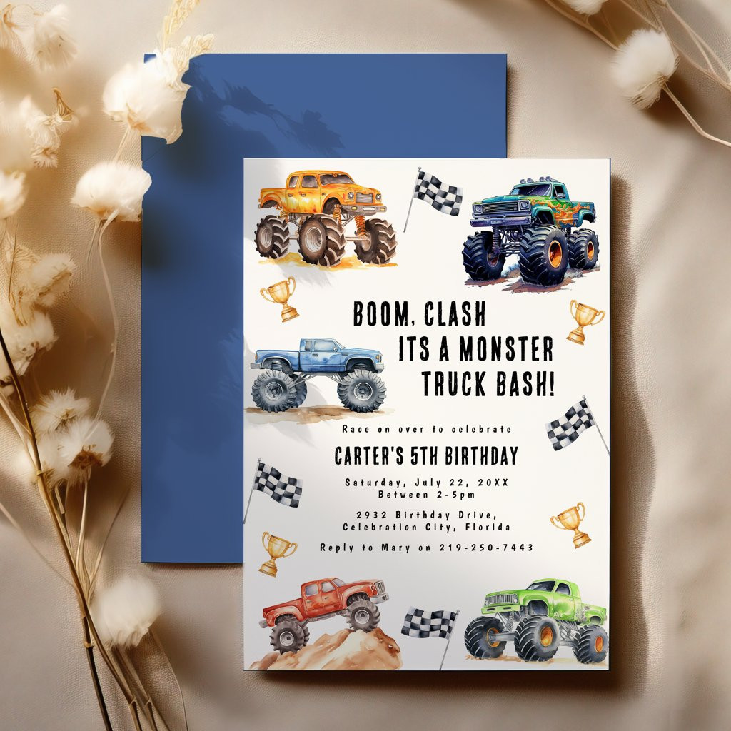 Modern Kids Monster Trucks Birthday Party | Zazzle