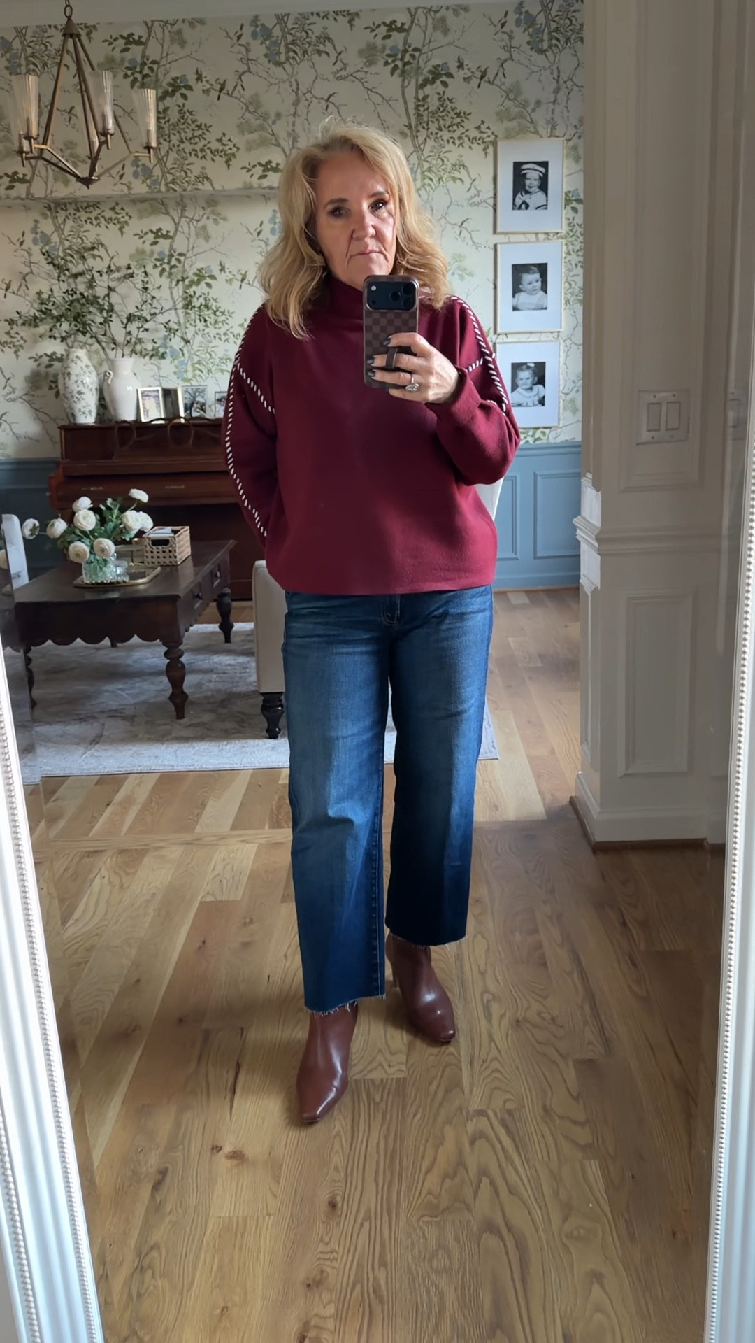Sweater size medium the color is fresh berry
Mother straight leg jeans size 29 I did cut about an inch off the bottom 
Boots size up 1/2 

Fall sweater Thanksgiving outfit 

#LTKPetite #LTKOver40 #LTKSeasonal