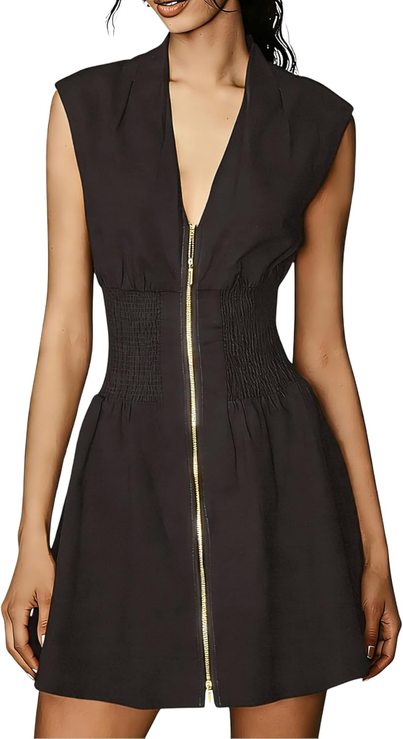 Women’s V Neck Summer Dress Cap Sleeve Zipper Mini Dress Smocked Slit Dress with Pockets | Amazon (US)