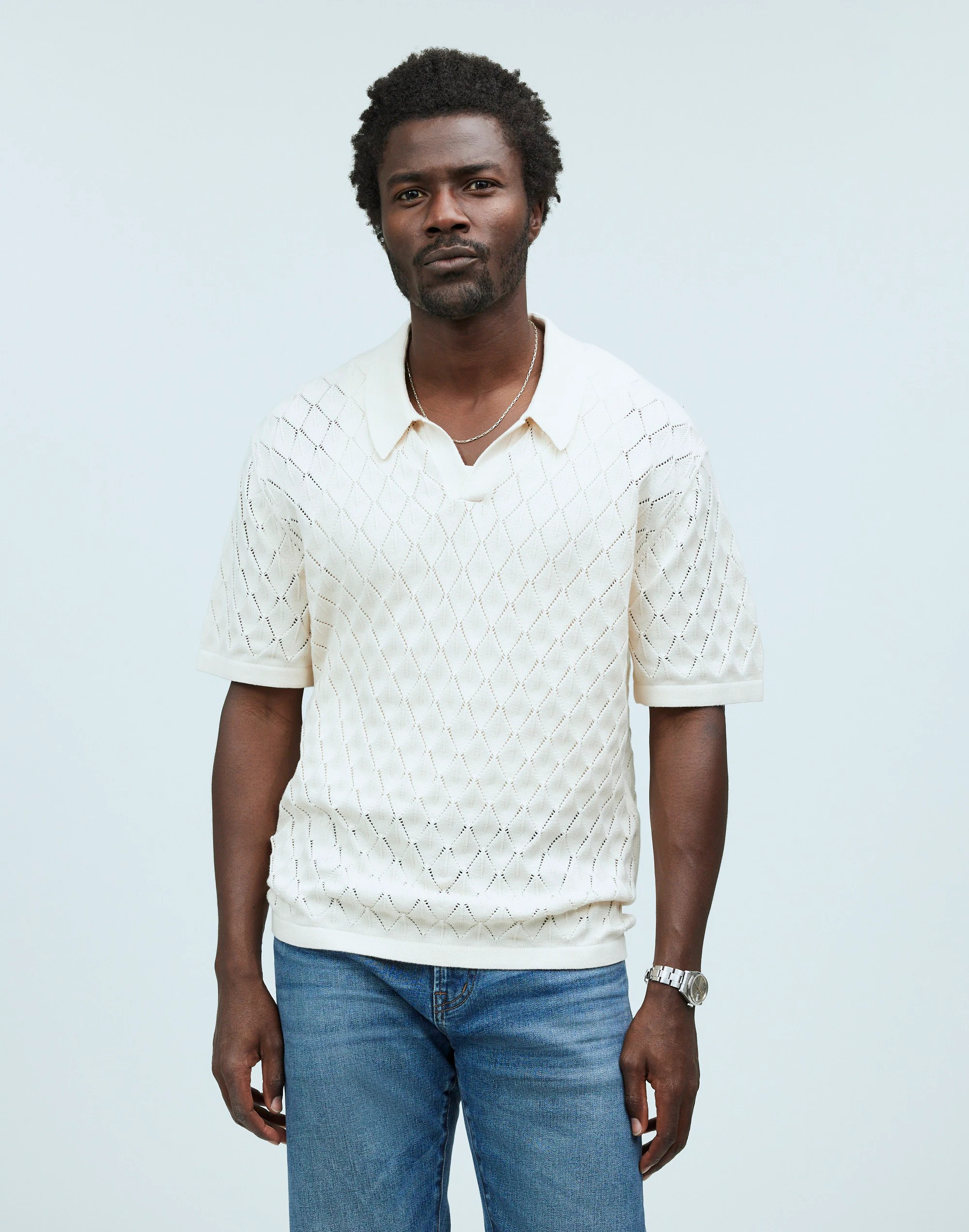 Johnny-Collar Sweater Polo Shirt in Diamond Stitch | Madewell