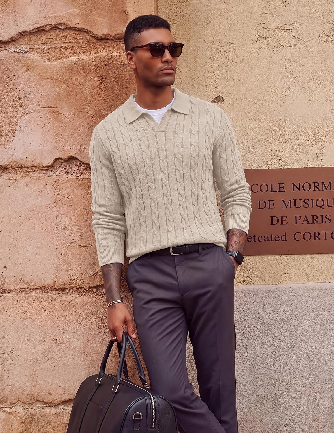 COOFANDY Mens Polo Sweater Long Sleeve Classic Twisted Knitted Pullover | Amazon (US)