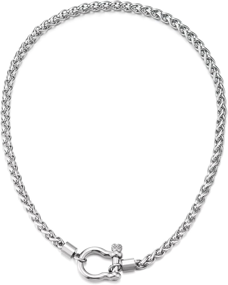 COOLSTEELANDBEYOND Mens Women Stainless Steel Wheat Chain Necklace With Horseshoe Shackle Clasp, ... | Amazon (US)
