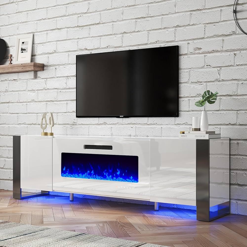 U-Shaped Legs 70" Fireplace TV Stand, Mirrored Finish Media Console with 36" Electric Fireplace, ... | Amazon (US)