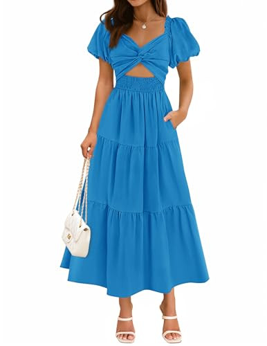 ZESICA Womens Summer Casual Flowy Vacation Maxi Dress 2026 Short Puff Sleeve A Line Smocked Cutou... | Amazon (US)
