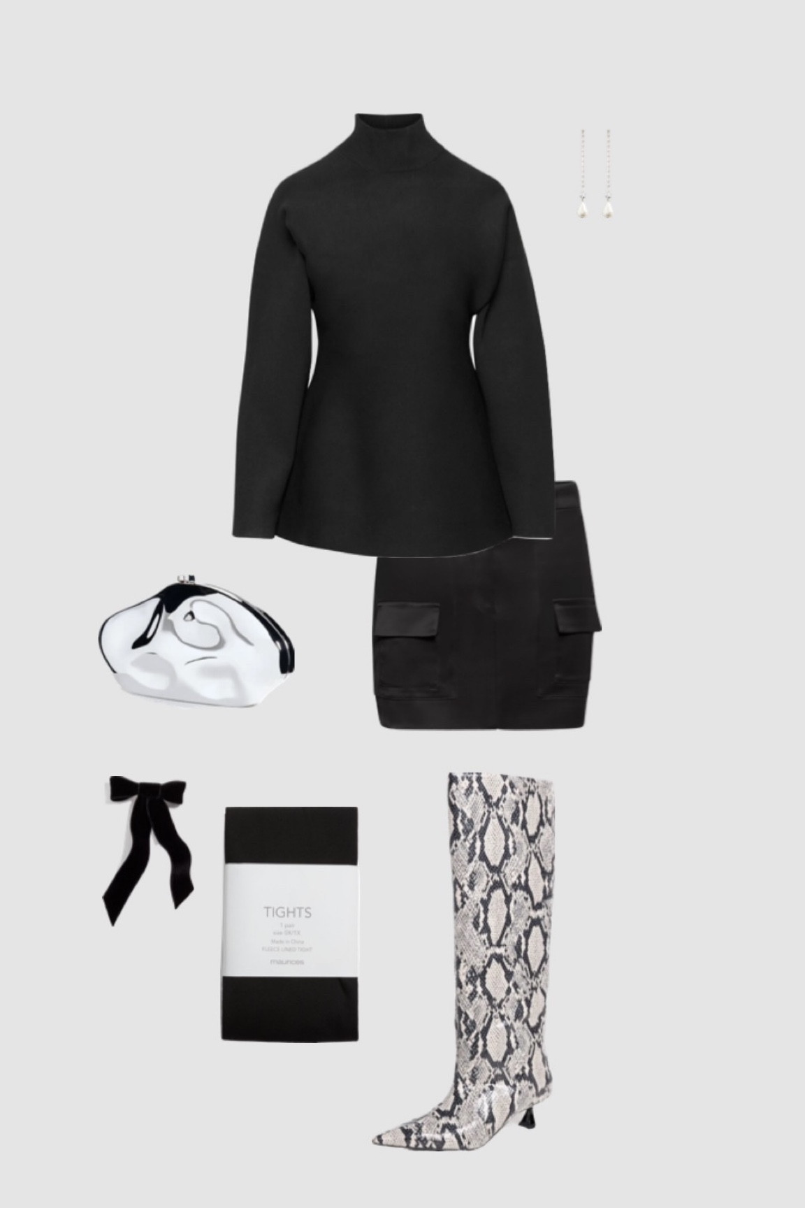 Fall-Winter Elegance: black mini Skirt, flare Sweater, and snake Boots outfit for 2023. Cult Gaia bag, cargo mini skirt, sheer black tights, classy look 

Elevate your style for Fall-Winter 2023 with this chic outfit perfect for Thanksgiving, Friendsgiving, or holiday parties. Pair a cozy sweater with a trendy maxi skirt and ankle boots to create a fashionable yet comfortable look. Discover more fall outfit inspiration and be the epitome of seasonal sophistication. 🍂👢👗 #FallWinterFashion #OutfitInspo #HolidayPartyOutfit