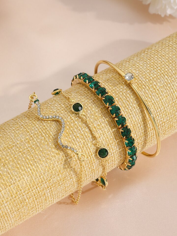 Fashionable New Style Full Rhinestone Snake Shaped Bracelet Set Including 4pcs (chain In Green Rh... | SHEIN