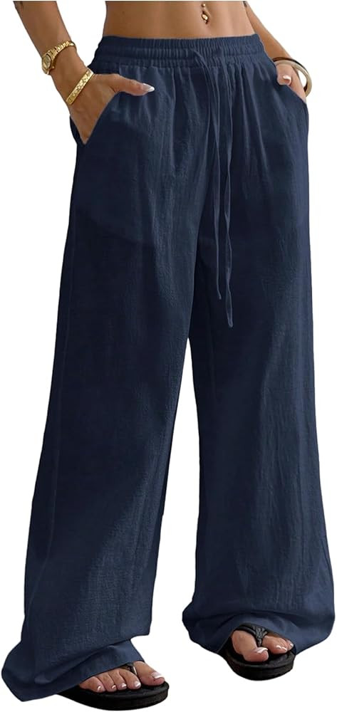 SweatyRocks Women's Loose Straight Leg Y2K Pants Drawstring Low Waist Long Trousers with Pockets | Amazon (US)
