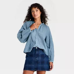 Women's Raglan Long Sleeve Blouse - Universal Thread\u2122 Blue L | Target