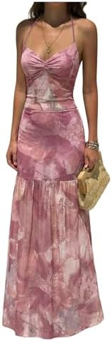 OYOANGLE Women's Floral Sleeveless Halter Maxi Dress Tie Backless Ruched Boho Beach Wedding Guest... | Amazon (US)