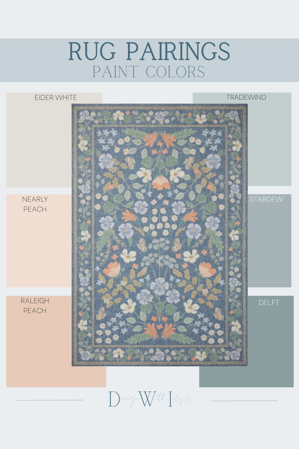 This blue floral area rug blends vintage charm with a gentle, painterly texture that feels both fresh and timeless. Soft botanicals in peach, sage, and ivory create an inviting pattern that reads layered without feeling busy. Eider White and Nearly Peach keep the space light and balanced, allowing the rug’s intricate detailing to stand out. Tradewind, Stardew, and Delft echo the rug’s cool blue base, creating seamless color flow and visual harmony across walls and floors. This rug and paint color pairing is ideal for relaxed, collected interiors that value softness, balance, and classic design. Shop the curated pairing to recreate this serene look.

#interiordesign
#arearuginspiration
#paintcolorpalette
#layeredinteriors
#coastalstylehome 

 #LTKHome