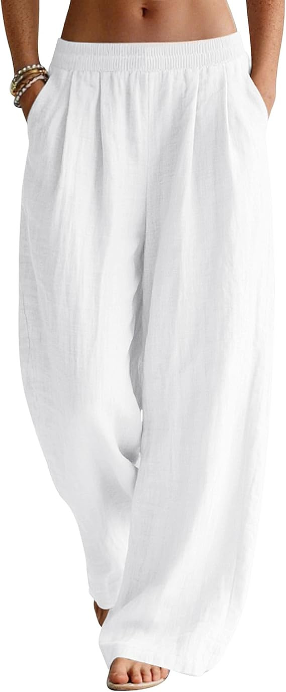 LOMON Linen Pants Women Wide Leg Palazzo Summer Flowy Pants Beach Vacation Clothes Elastic Waist ... | Amazon (US)
