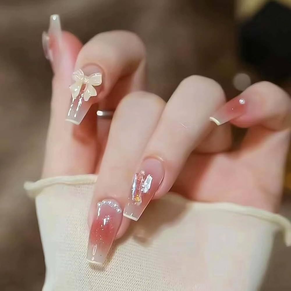 RikView Long Fake Nails Pink Press on Nails with Pearls Coffin Acrylic Nails Glossy Full Cover Na... | Amazon (US)