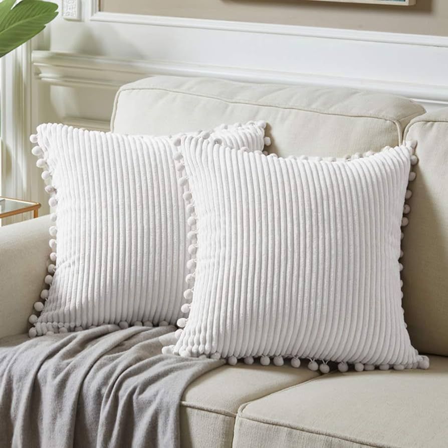 Fancy Homi Pack of 2 White Boho Decorative Throw Pillow Covers with Pom-poms, Soft Corduroy Solid... | Amazon (US)