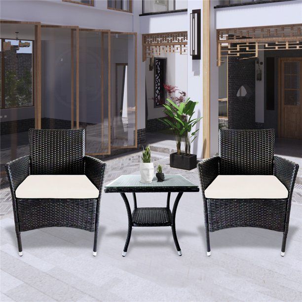 3-piece Bistro Patio Set, Outdoor Patio Furniture Sets with Glass Dining Table, Modern Wicker Pat... | Walmart (US)