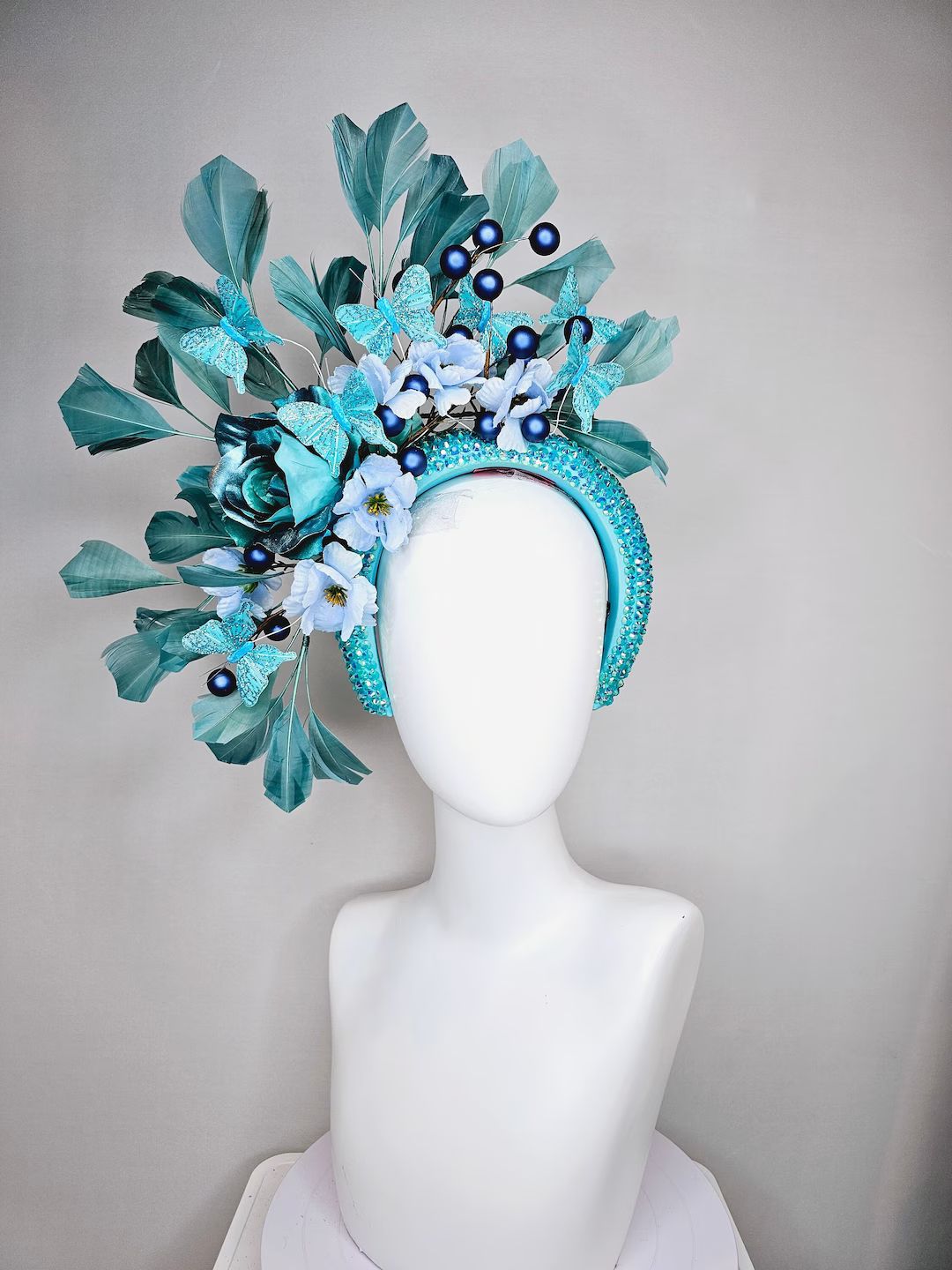 Kentucky Derby Hat Fascinator Turquoise Blue Crystal Rhinestone Headband With Light Blue Satin Fl... | Etsy (US)