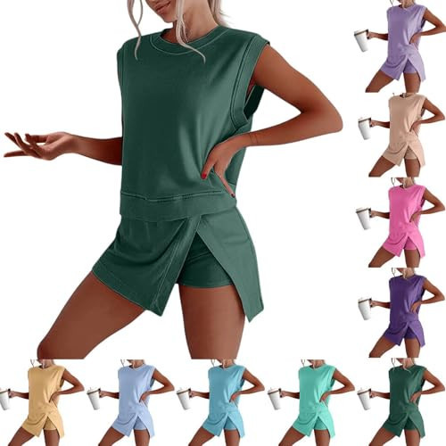 Skort Set Skort Sets Women 2 Piece Outfits Athletic Sets Travel Outfits For Women Cotton Summer Skirt and Tank Top Casual Leisure Wear,Dark Green Small | Amazon (US)