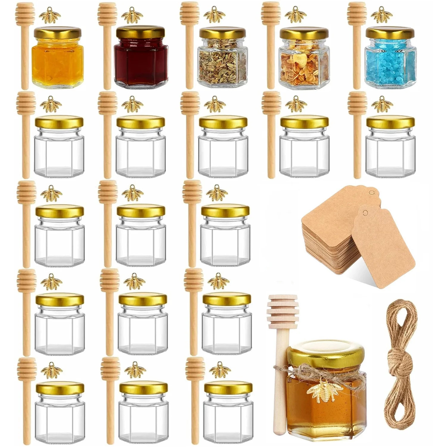 20 pack 45ml/1.5oz Mini Honey Jars with Honey Stick,Gold Lid,Bee Pendants,Jutes,Hangtag,for Baby ... | Walmart (US)