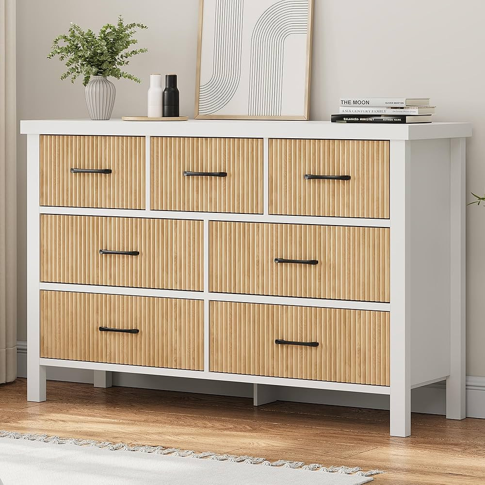 White Dresser 7 Drawer Dresser for Bedroom,Modern Fluted Dresser with Solid Wood Legs,Long Double... | Amazon (US)