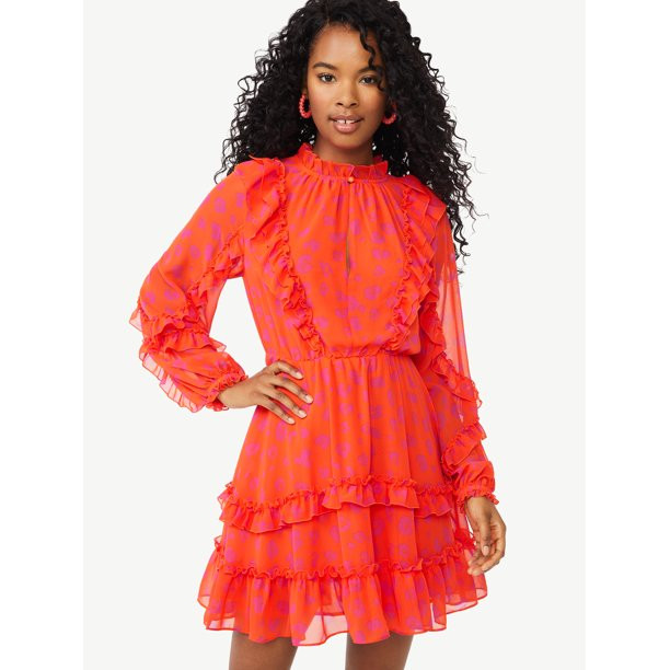 Scoop Women's Long Sleeve Ruffle Mini Dress - Walmart.com | Walmart (US)