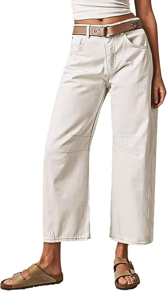 Flamingals Women’s Mid Waist Crop Straight Leg Jeans Solid Stitch Detail Casual Fashion Trendy ... | Amazon (US)