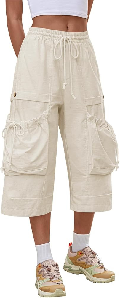 Aoysky Womens Wide Leg Cargo Capris Drawstring Elastic Waist Baggy Cropped Pants with Utility Poc... | Amazon (US)