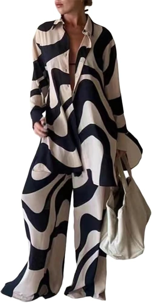 Stripe 2 Piece Outfits for Women Pants Sets Print Long Sleeve Button Down Shirts Blouses Tops Wid... | Amazon (US)
