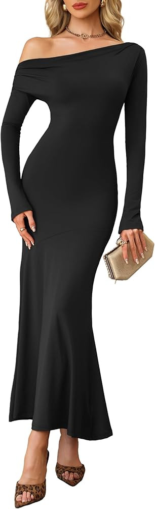 BDUCK+ Women's Off Shoulder Maxi Dress Fall 2025 Long Sleeve Bodycon Fishtail Formal Elegant Cock... | Amazon (US)